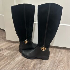 Tory Burch Miller Knee High Riding Boots Black Suede and Leather Gold T Logo